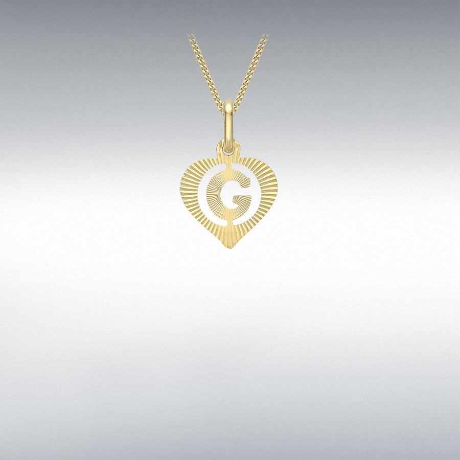 9ct Yellow Gold 10.5mm x 16.5mm Diamond Cut 'G' Initial Heart Pendant