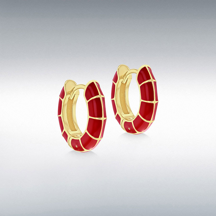 Sterling Silver Yellow Gold Plated 15mm Red Squares Enamel Huggie Hoop Earrings