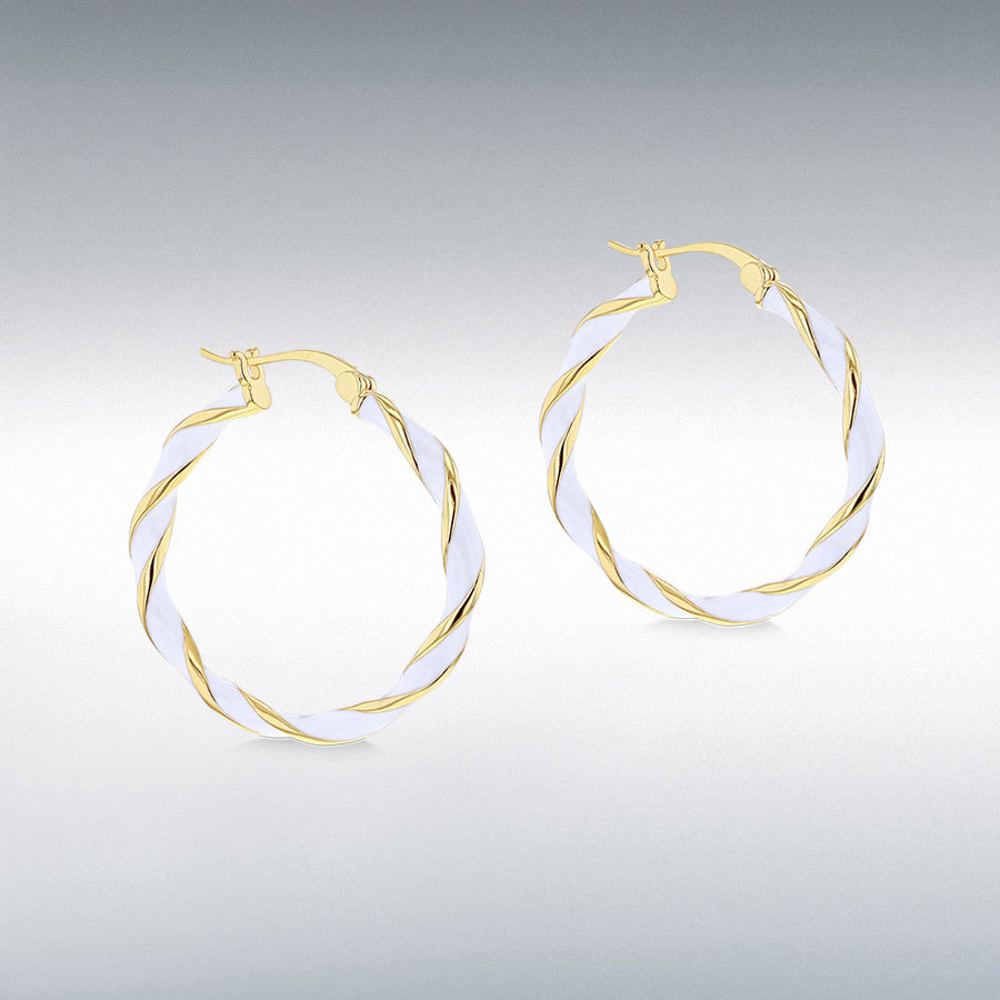 Sterling Silver Yellow Gold Plated 31mm White Enamel Large Twister Hoop Creole Earrings