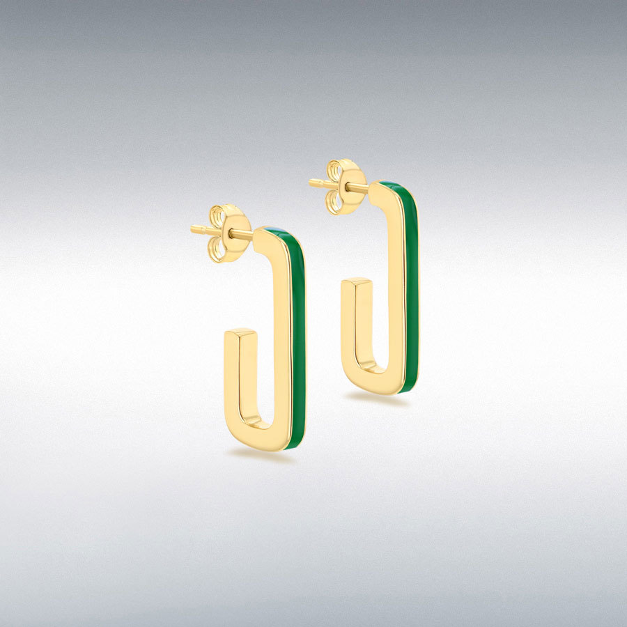 Sterling Silver Yellow Gold Plated 2.5mm x 20mm Green Enamel J-Shape Stud Earrings