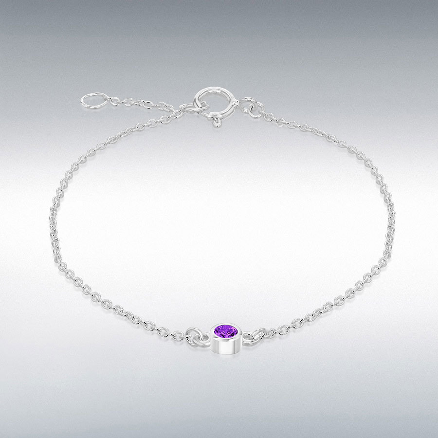 Sterling Silver Purple 3mm CZ February Birthstone Adjustable Bracelet 16cm/6.25"-18cm/7"