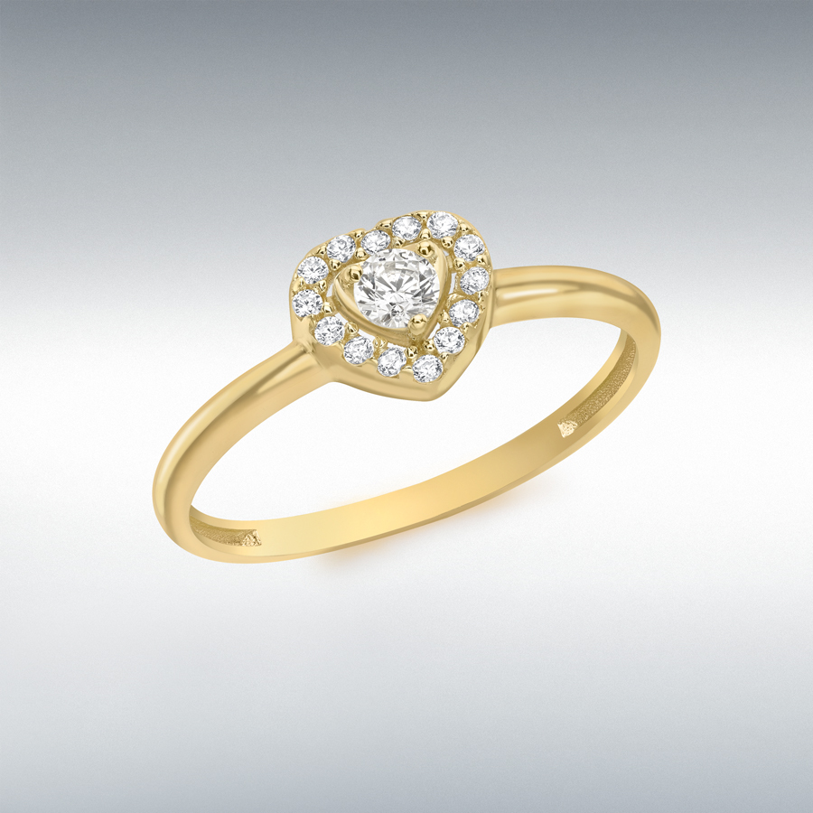 9ct Yellow Gold 1 x 3mm and 14 x 1mm CZ 7.5mm x 6.5mm 'Heart Halo' Ring