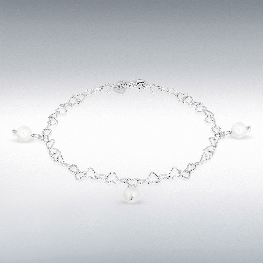 Sterling Silver Rhodium Plated Open Heart Link Bracelet with 3 x 5.5mm Simulated Pearl Droplets 19cm/7.5"