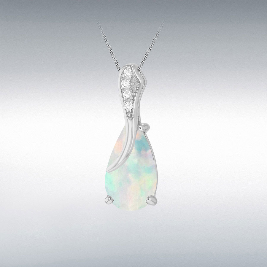 Sterling Silver Rhodium Plated Pear Shaped Synthetic Opal and White CZ 6.5mm x 17.5mm Crossover Slider Pendant