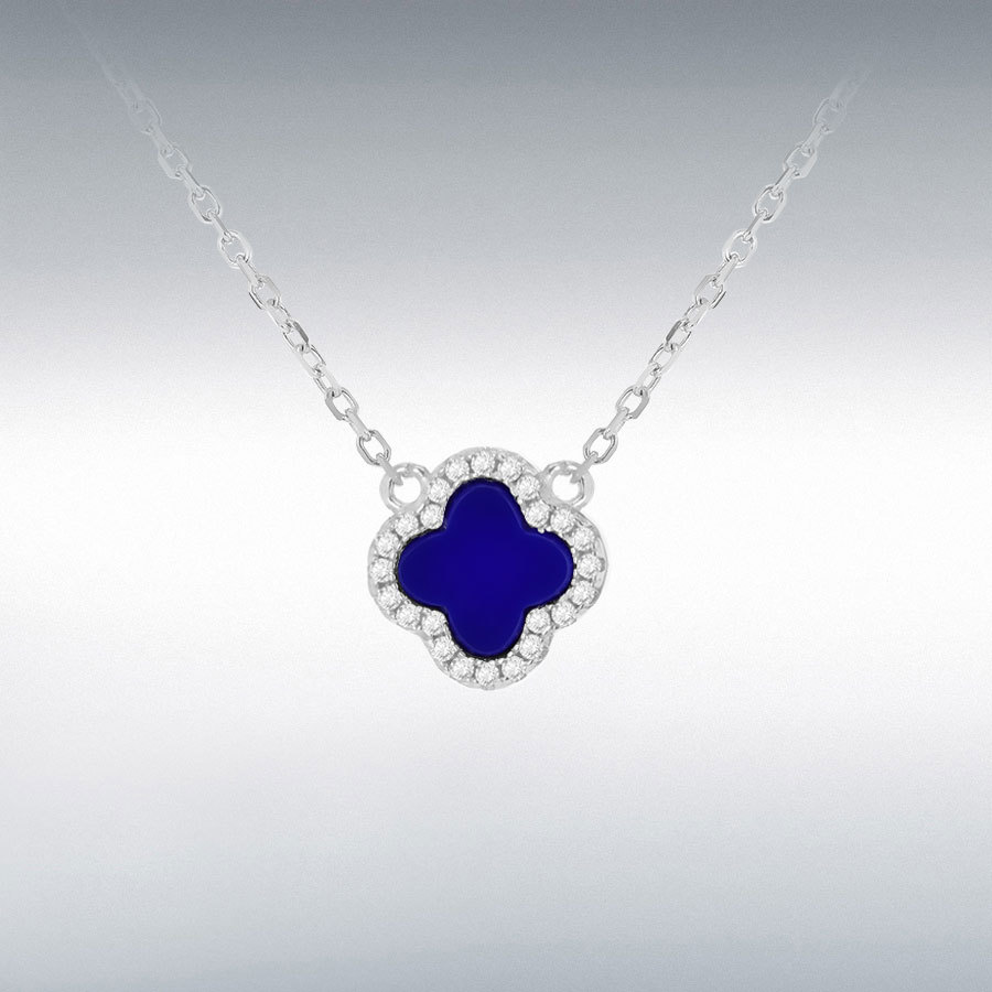 Sterling Silver Rhodium Plated 11mm Clover Syn Blue Lazurite and 1.1mm White CZ Adjustable Necklace 40cm/15.75" 45cm/17.75"