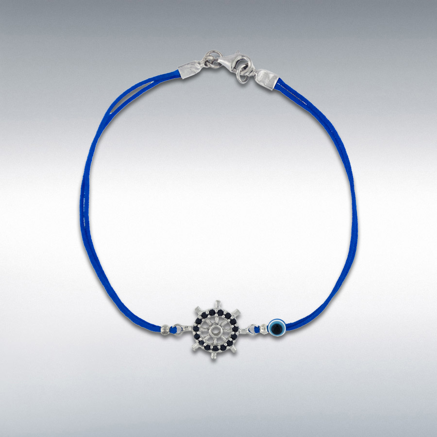 Sterling Silver Black CZ 13mm Ship Wheel and Bead Blue Cord Bracelet 18cm/7