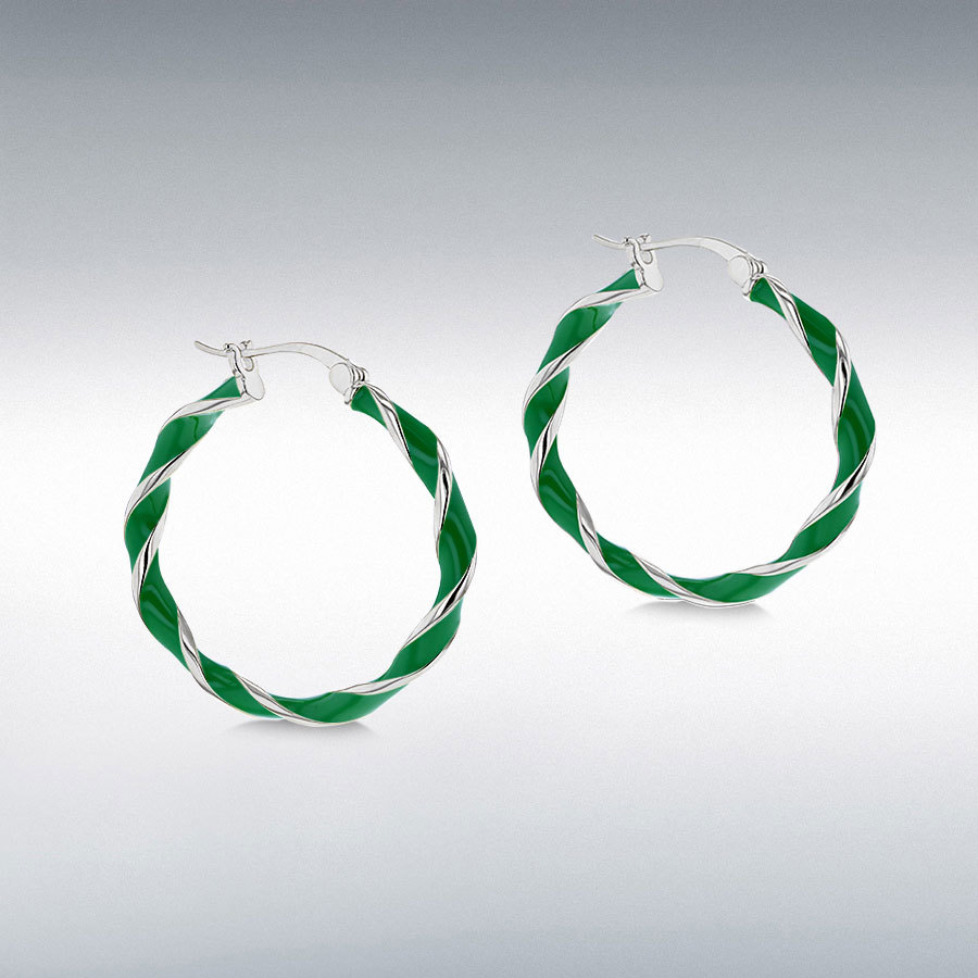 Sterling Silver Rhodium Plated 31mm Green Enamel Large Twister Hoop Creole Earrings