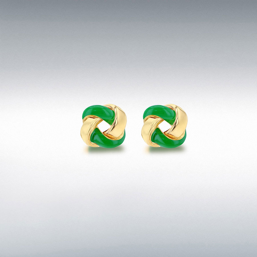 Sterling Silver Yellow Gold Plated 7.5mm Green Enamel Small Knot Stud Earrings