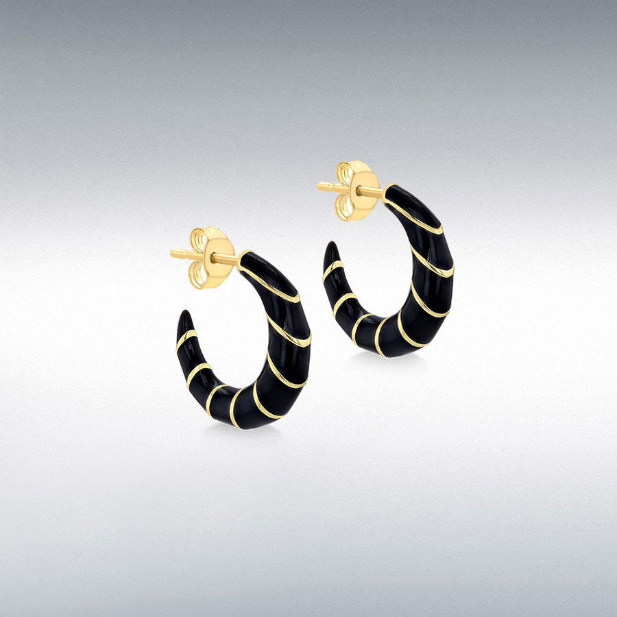 Sterling Silver Yellow Gold Plated 18.5mm Black Enamel Half Hoop Stud Earrings