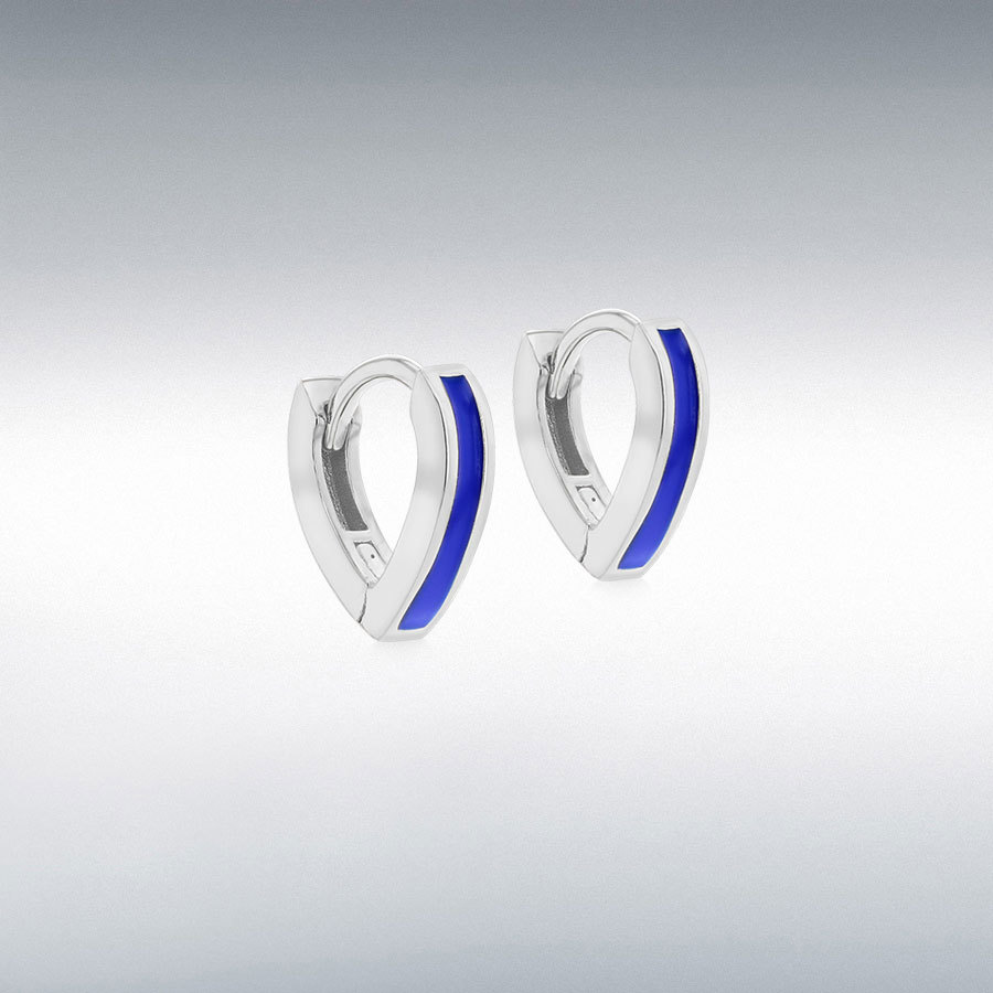 Sterling Silver Rhodium Plated Blue Enamel V-Shape Huggie Hoop Earrings