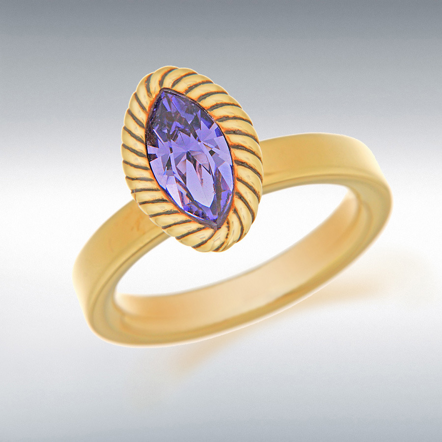 Sterling Silver Yellow Gold Plated Marquise Purple Crystal Twist Stacking Ring