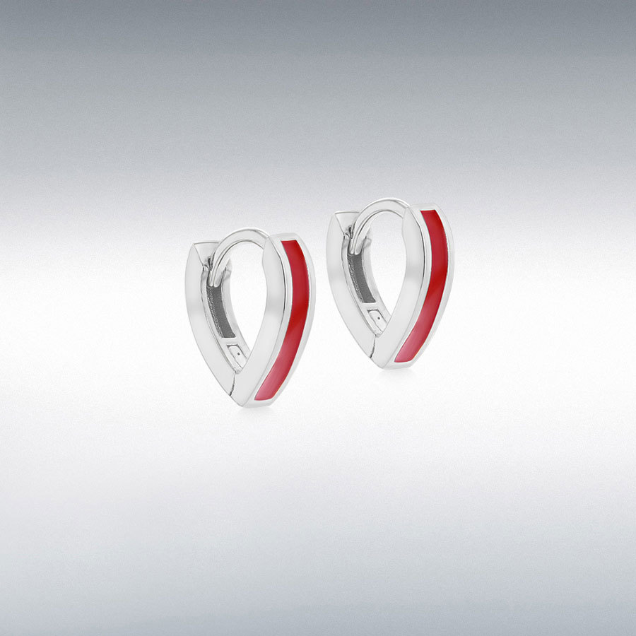 Sterling Silver Rhodium Plated Red Enamel V-Shape Huggie Hoop Earrings