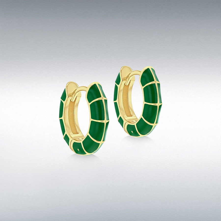 Sterling Silver Yellow Gold Plated 15mm Green Squares Enamel Huggie Hoop Earrings