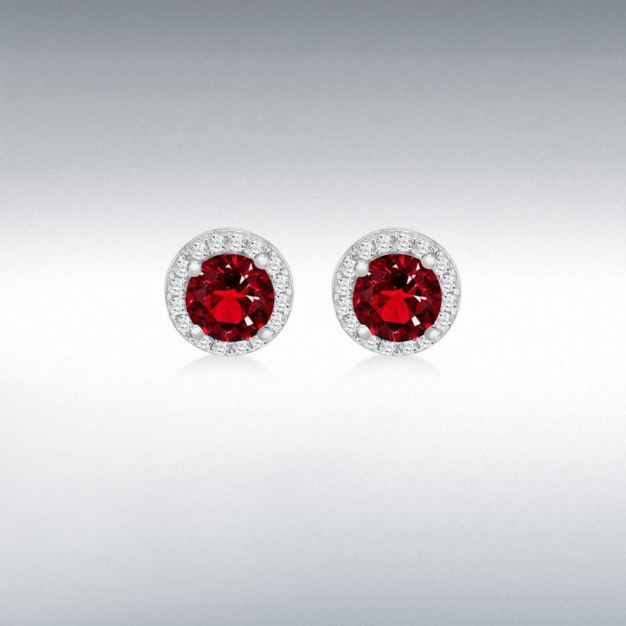 Sterling Silver Rhodium Plated Red and White CZ Halo Stud Earrings