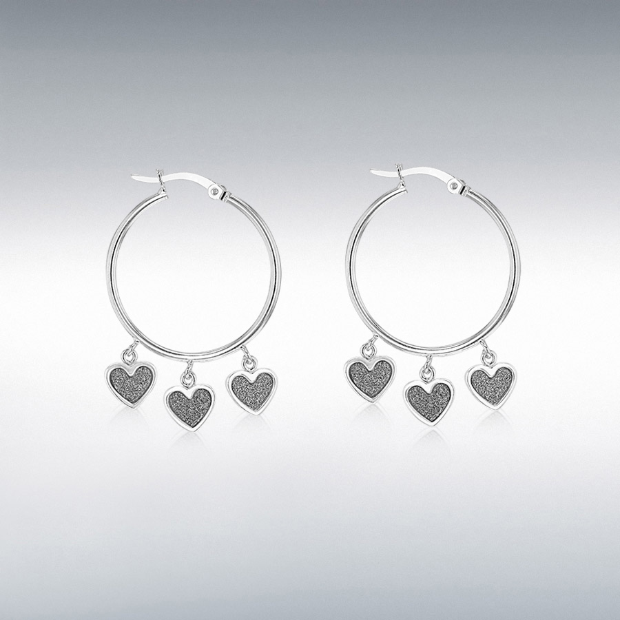 Sterling Silver 25mm x 37mm Triple-Stardust-Heart Hoop Creole Earrings