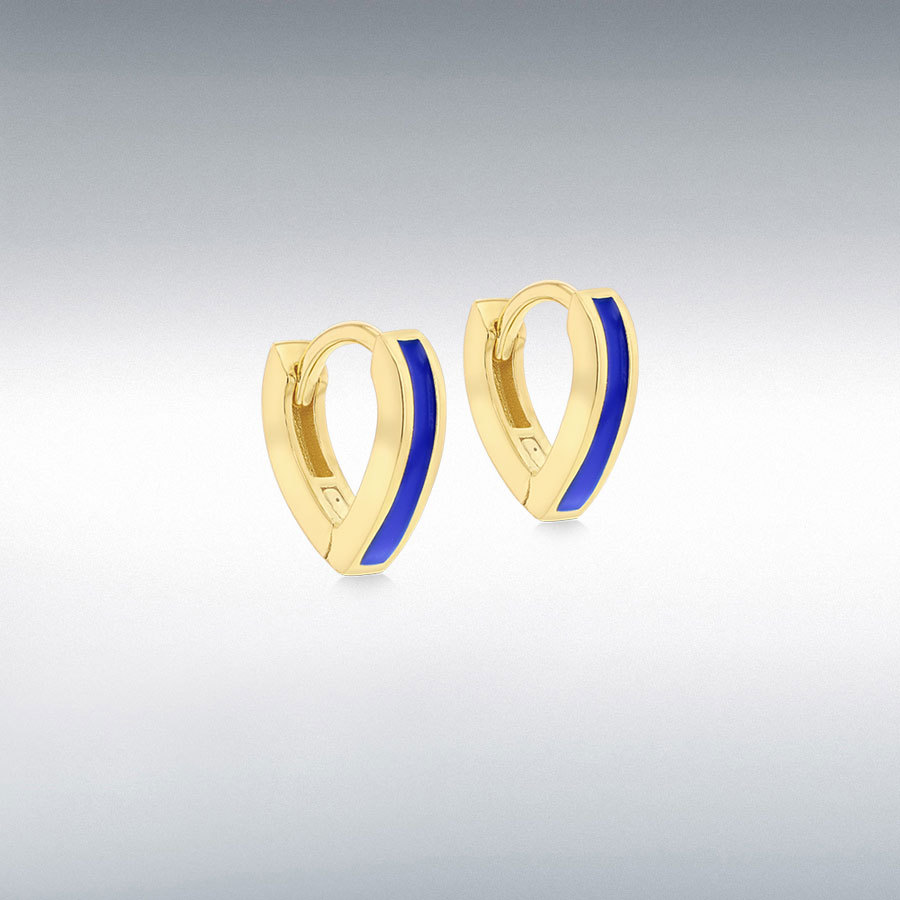 Sterling Silver Yellow Gold Plated Blue Enamel V-Shape Huggie Hoop Earrings