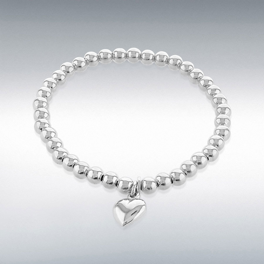 Sterling Silver Elastic Beads with Heart Charm Bracelet 14cm/5.5"