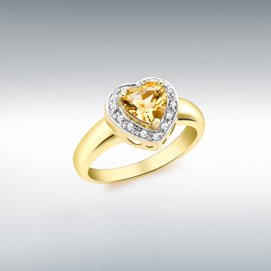 9ct Yellow Gold 0.10ct Diamond and Citrine 11mm x 10mm Heart Ring