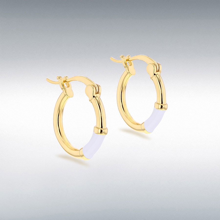 Sterling Silver Yellow Gold Plated 15mm White Enamel Hoop Earrings