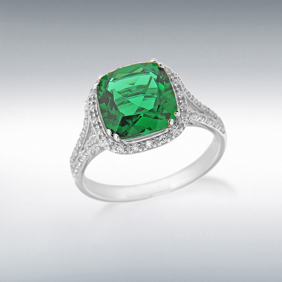 Sterling Silver Rhodium Plated Square Green and White CZ Ring 