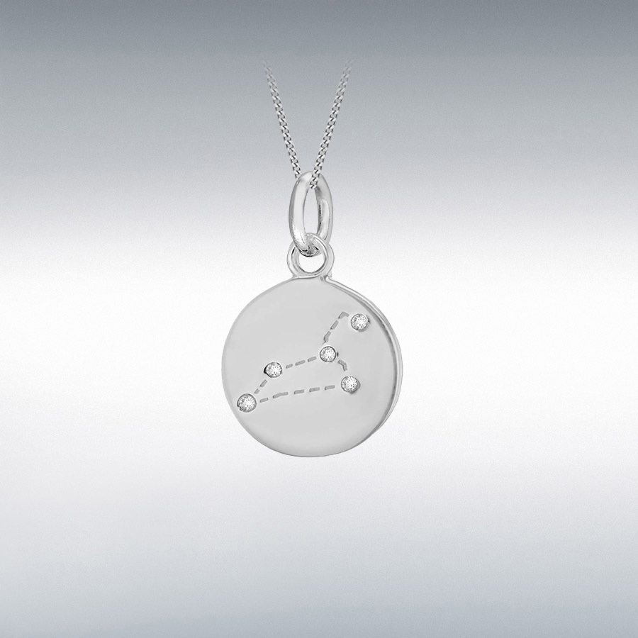 Sterling Silver Rhodium Plated CZ 12mm x 18.5mm Leo Constellation Disc Pendant