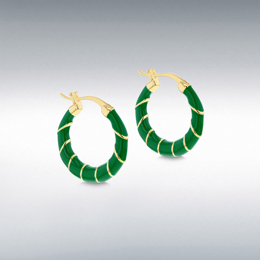 Sterling Silver Yellow Gold Plated 20mm Green Enamel Small Twister Hoop Creole Earrings