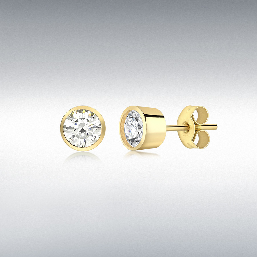 9ct Yellow Gold 5mm CZ Rubover Set 6mm Stud Earrings