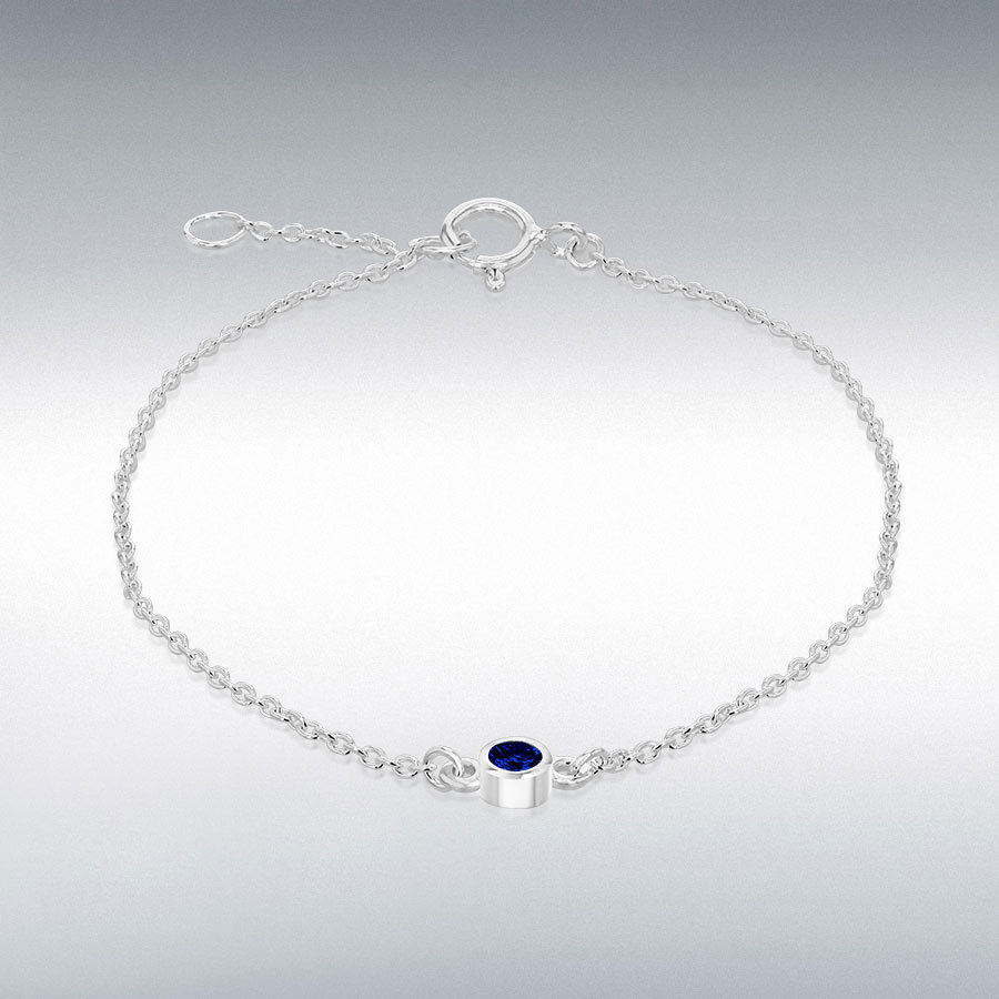 Sterling Silver Blue 3mm CZ September Birthstone Adjustable Bracelet 16cm/6.25"-18cm/7"