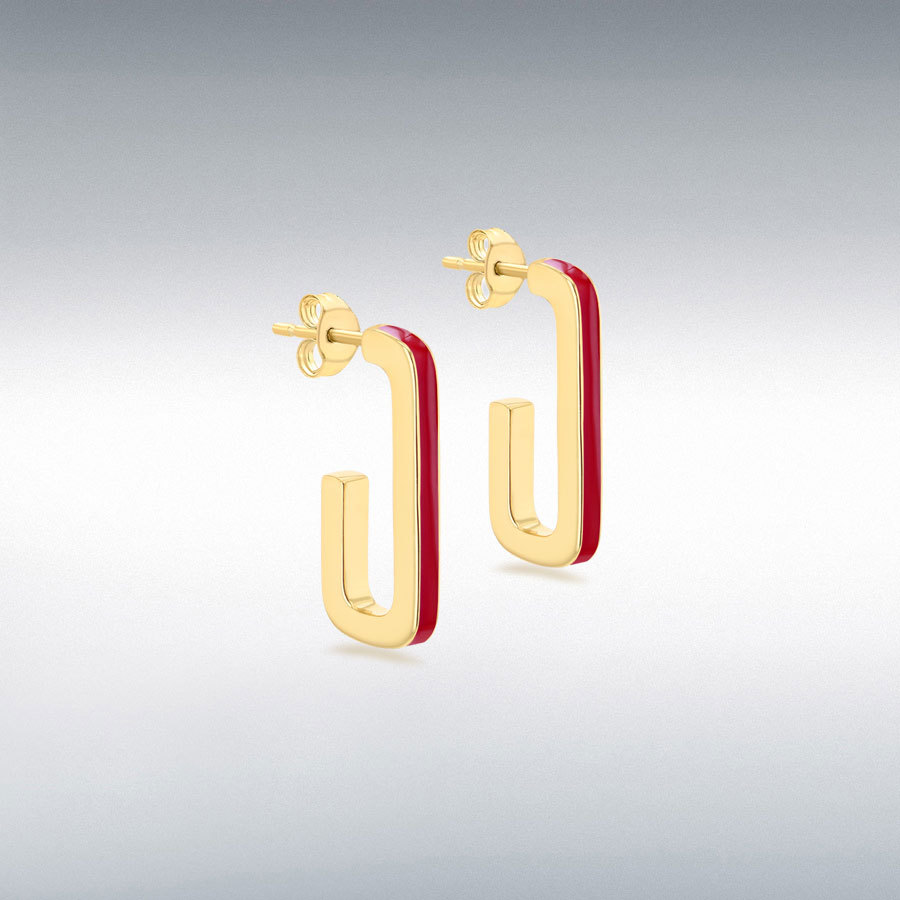 Sterling Silver Yellow Gold Plated 2.5mm x 20mm Red Enamel J-Shape Stud Earrings