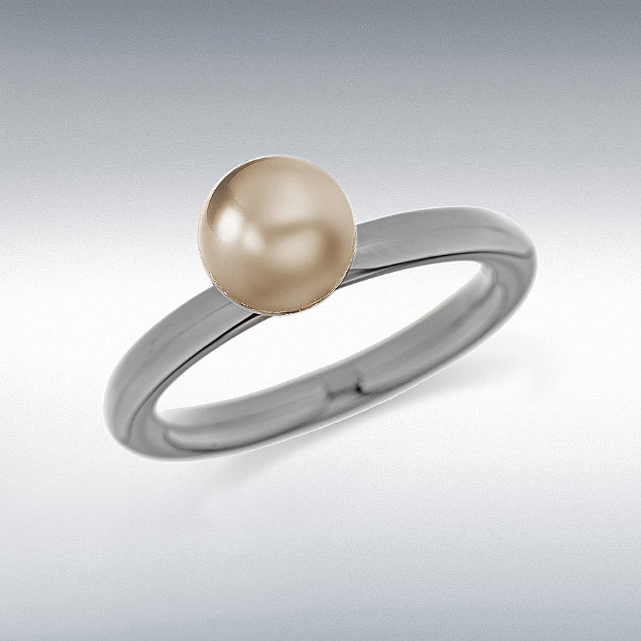 Sterling Silver Black Rhodium Plated Bronze Simulated Pearl Stacking Ring