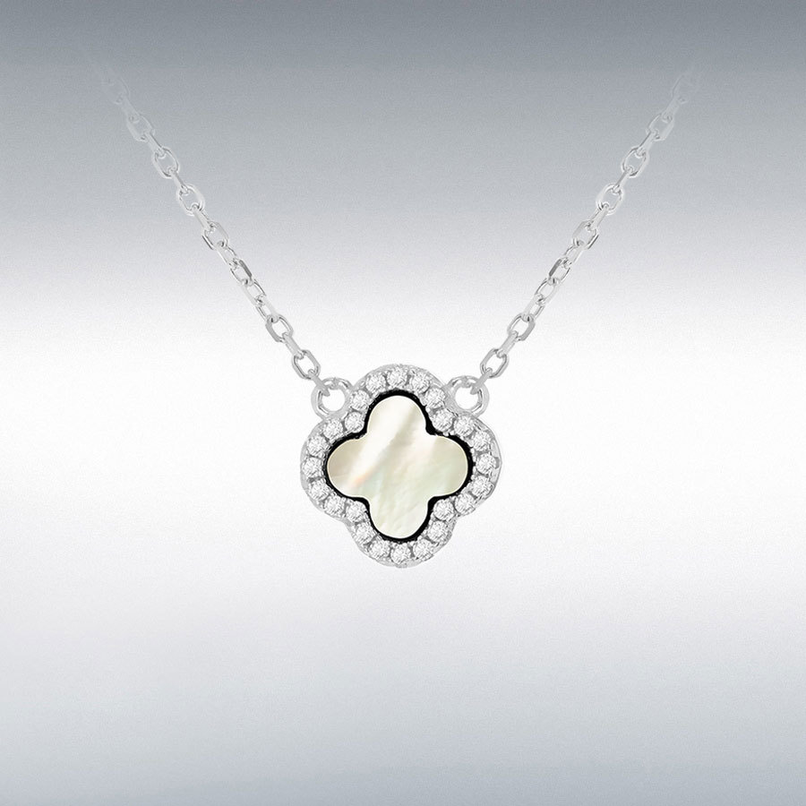 Sterling Silver Rhodium Plated 11mm Clover Mother Of Pearl and 1.1mm White CZ Adjustable Necklace 40cm/15.75" 45cm/17.75"