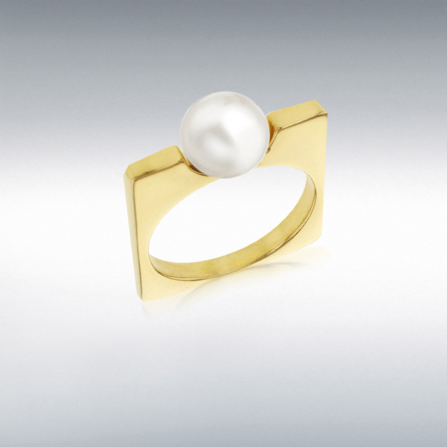 Sterling Silver Yellow Gold Freshwater Pearl Set Square Ring