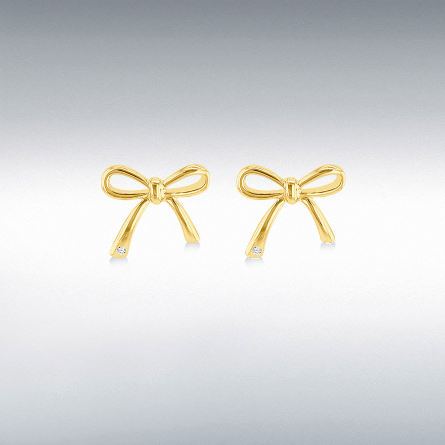 Sterling Silver Yellow Gold Plated 9mm X 10.5mm Bow with 0.003ct Round White Diamond Stud Earrings