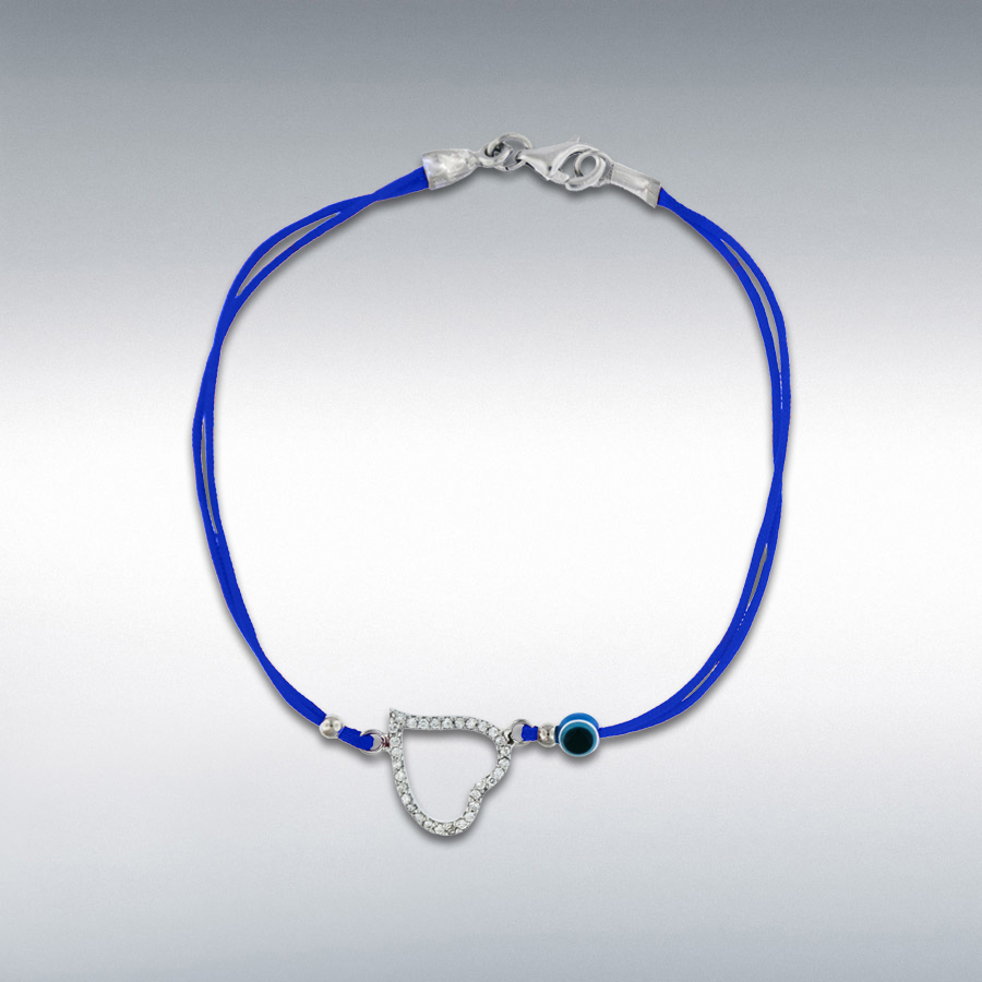 Sterling Silver White CZ 11mm x 12mm Cutout Heart and Bead Blue Cord Bracelet 18cm/7