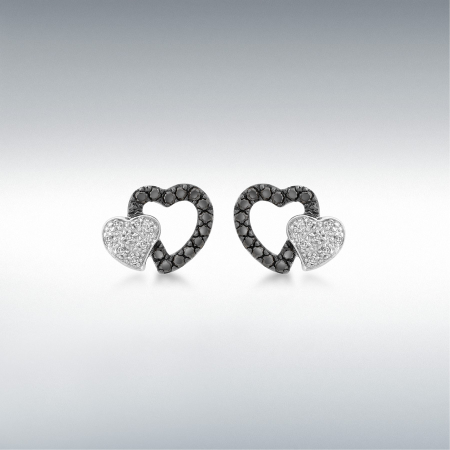 9ct White Gold 0.40ct Black and White Diamond Double-Heart Stud Earrings