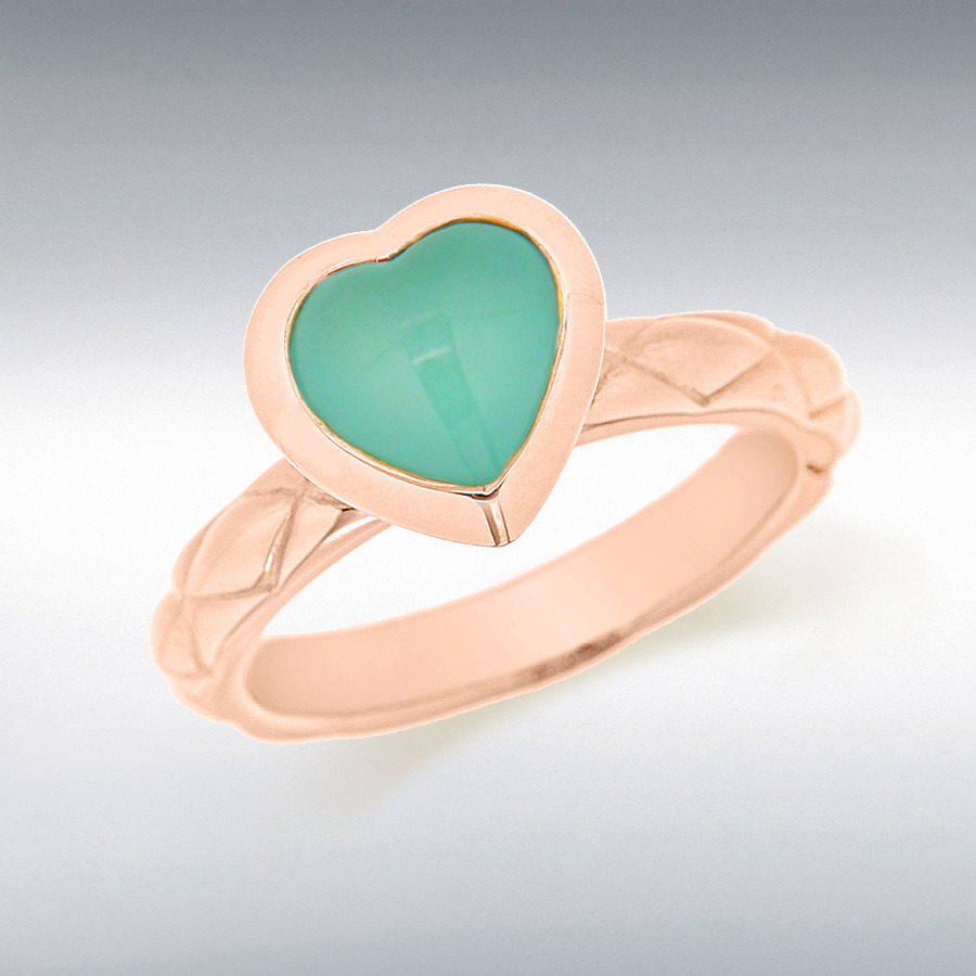 Sterling Silver Rose Gold Plated Turquoise Opaque Glass Heart Patterned Stacking Ring