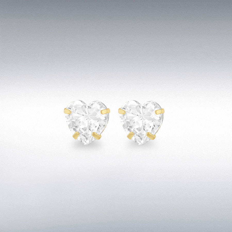 9ct Yellow Gold 6mm Heart White CZ Stud Earrings