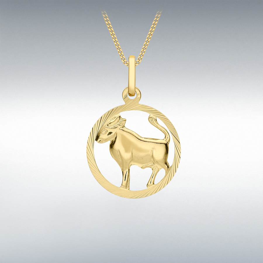 9ct Yellow Gold 15mm x 23mm Diamond Cut Taurus Zodiac Pendant