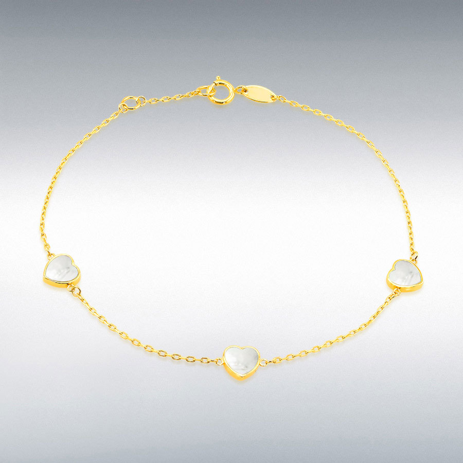 18ct Yellow Gold 3 x 6mm Mother of Pearl Heart Petals Bracelet 19cm/7.5"