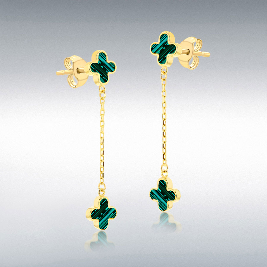 18ct Yellow Gold 6.75mm x 35mm Malachite Clover Petals Drop Stud Earrings