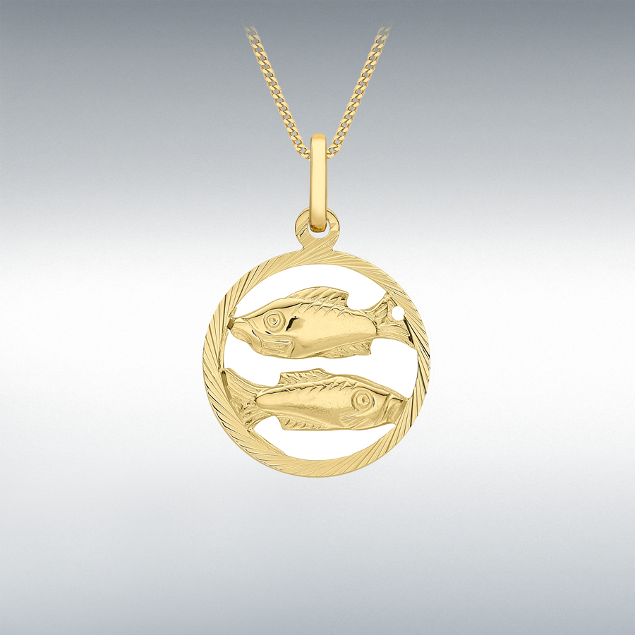 9ct Yellow Gold 15mm x 23mm Diamond Cut Pisces Zodiac Pendant