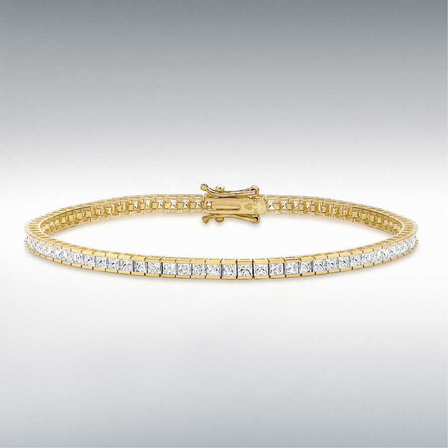 9ct Yellow Gold 2mm Square CZ Tennis Bracelet 19cm/7.5"