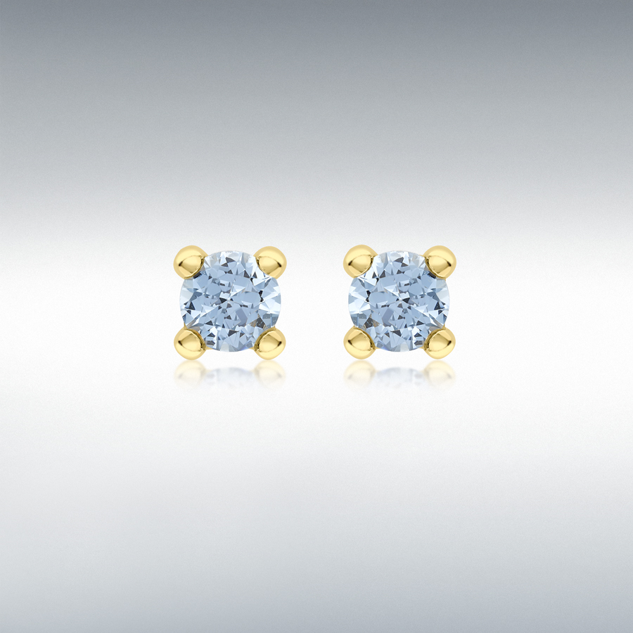 9ct Yellow Gold Sky Blue 4mm CZ March Birthstone Stud Earrings