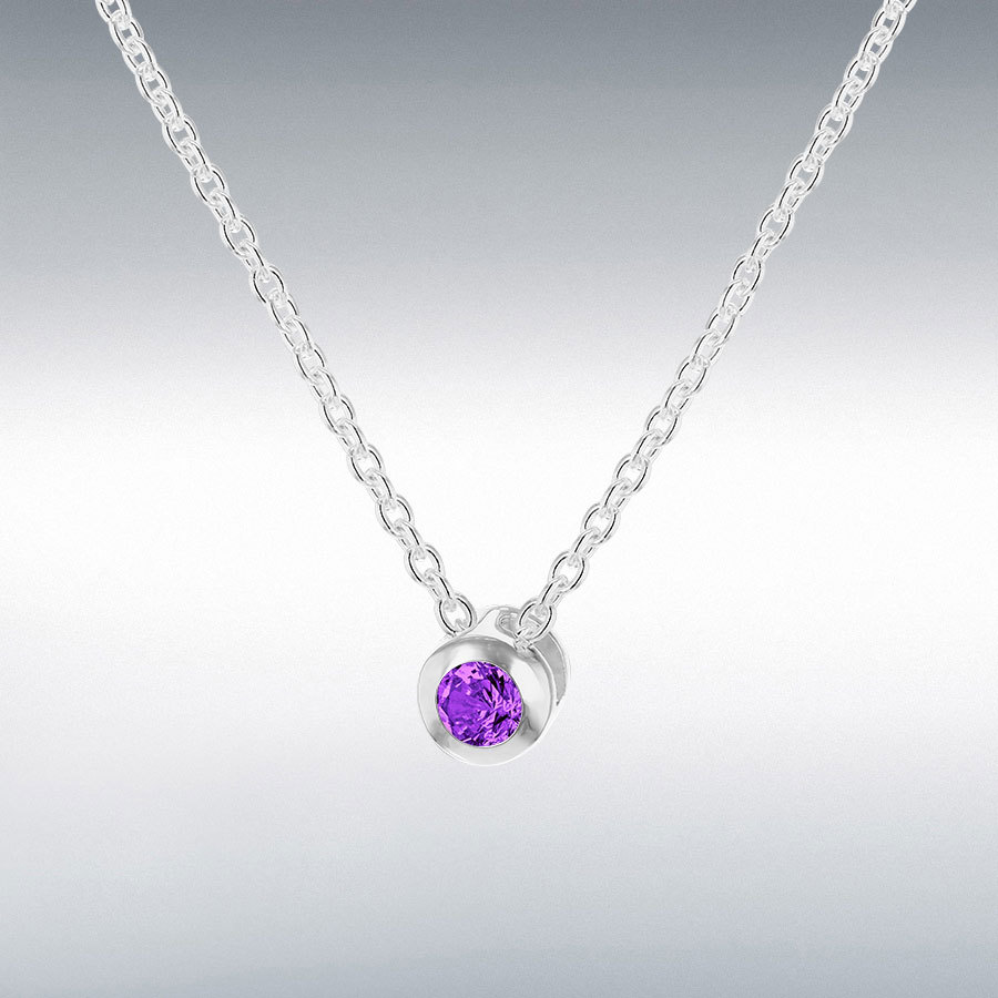 Sterling Silver Purple 3mm CZ February Birthstone Adjustable Necklace 41cm/16"-46cm/18" 