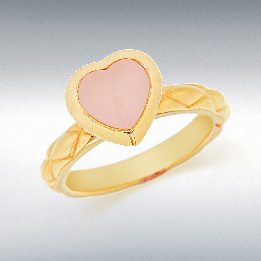 Sterling Silver Yellow Gold Plated Pink Opaque Glass Heart Patterned Stacking Ring