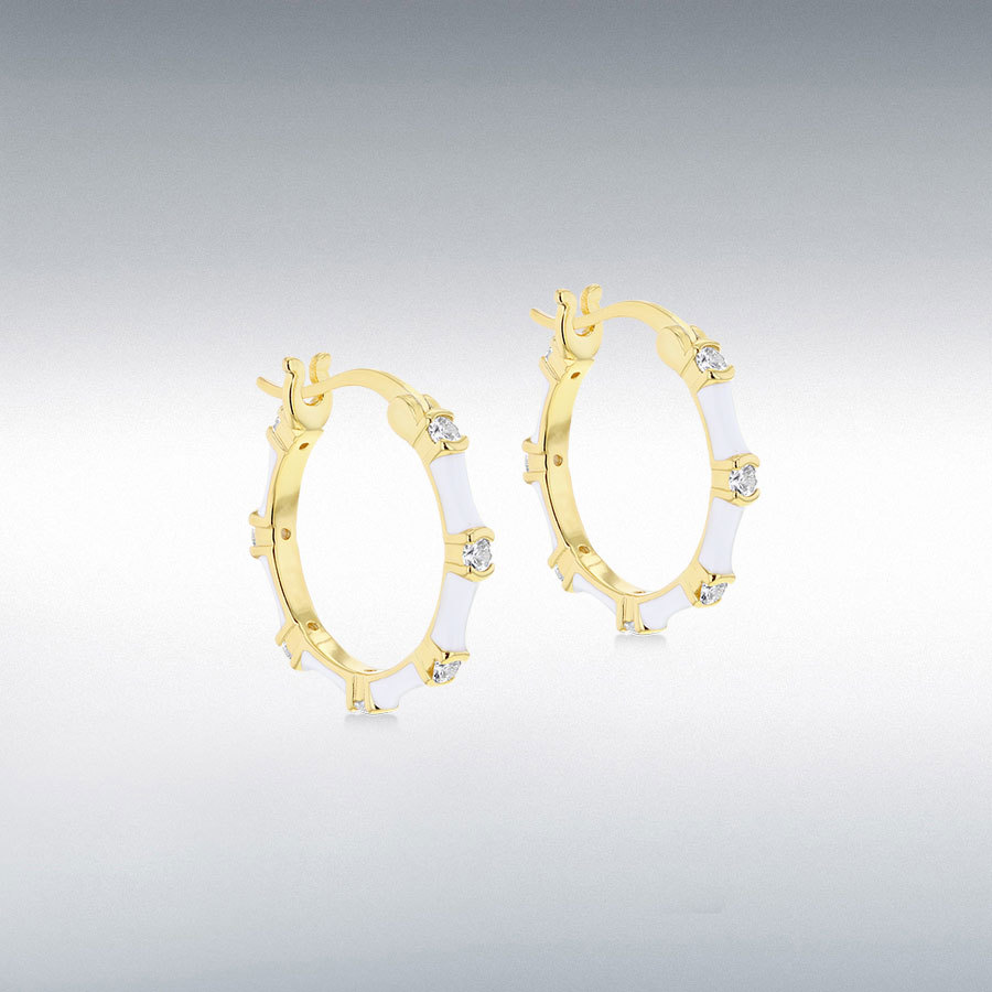 Sterling Silver Yellow Gold Plated 2mm Round White CZs 20mm White Enamel Hoop Creole Earrings