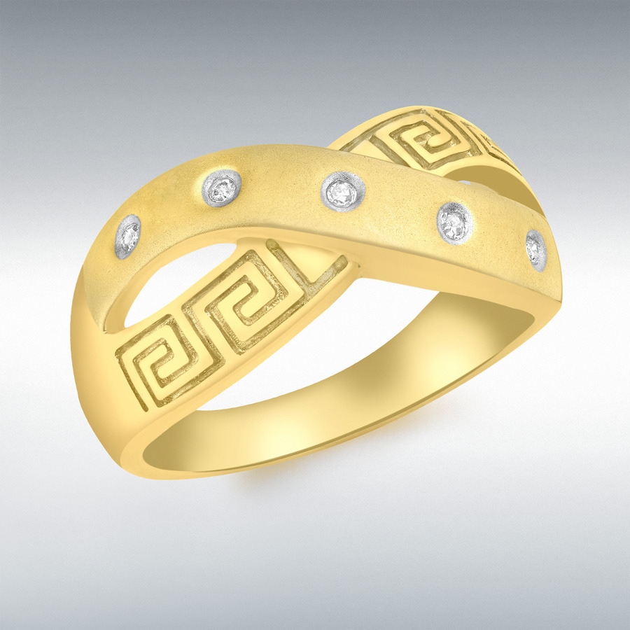 9ct Yellow Gold 0.04ct Diamond Greek Key Pattern Crossover Ring 