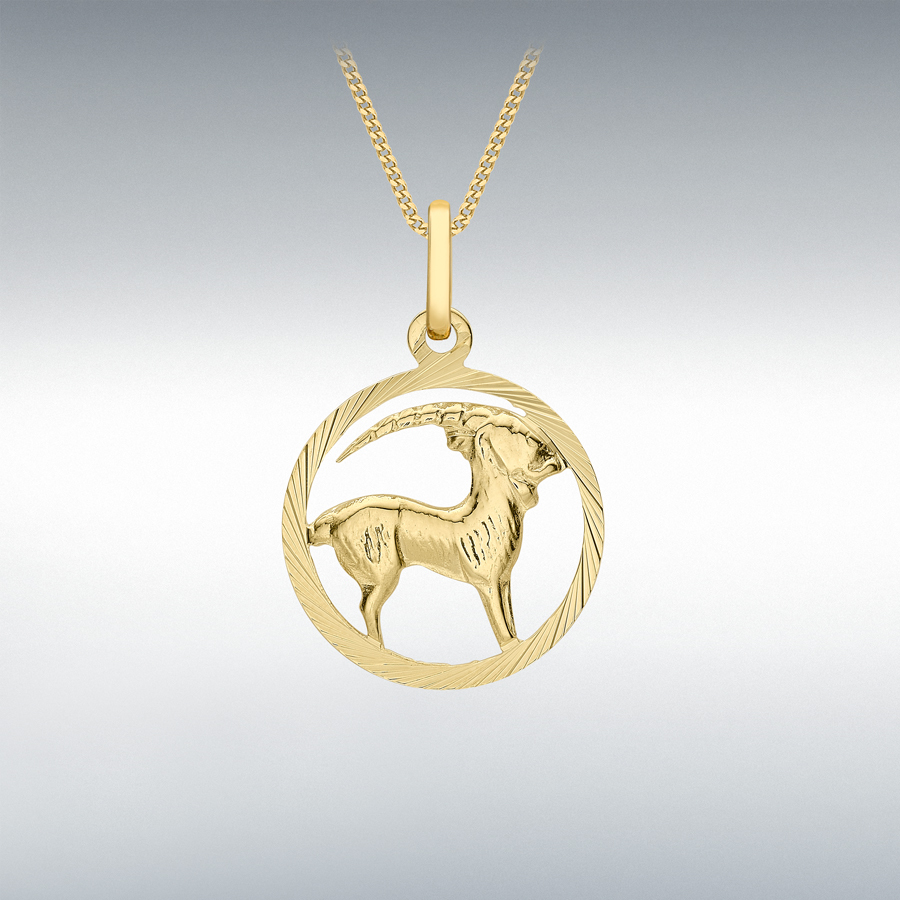 9ct Yellow Gold 15mm x 23mm Diamond Cut Capricorn Zodiac Pendant