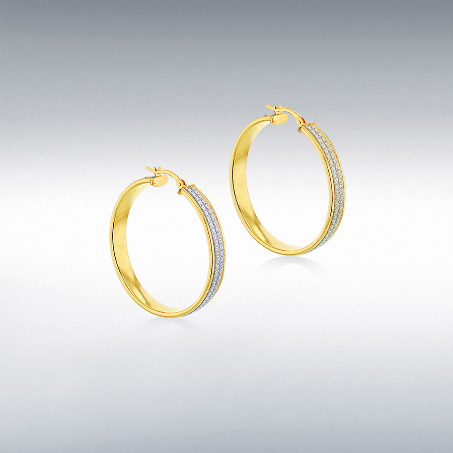 Sterling Silver Yellow Gold Plated 27mm Glitter Hoop Earrings