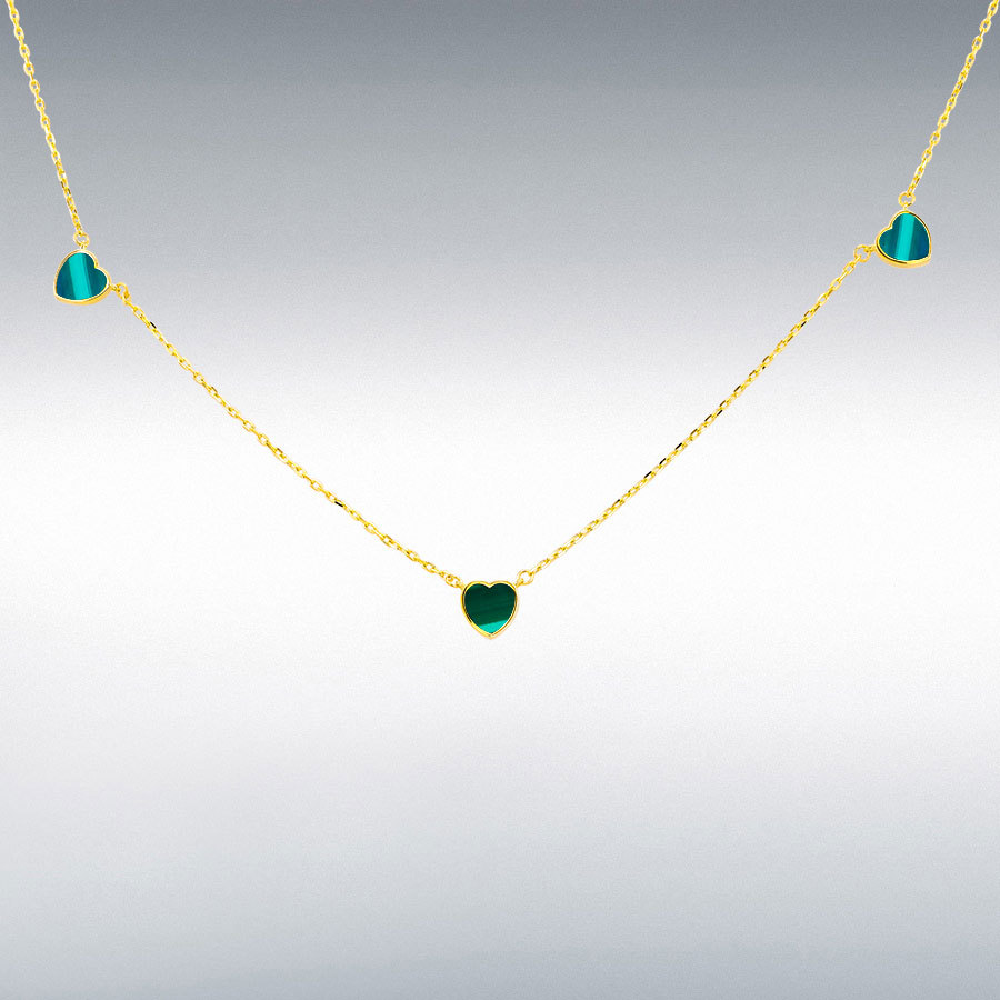 18ct Yellow Gold 3 x 6mm Malachite Heart Petals Necklace 41cm/16"-43cm/17"